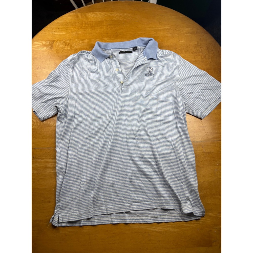 Greg Norman Mens XL Blue White Striped Cotton Polo Royal Palm Yacht Club CC Top